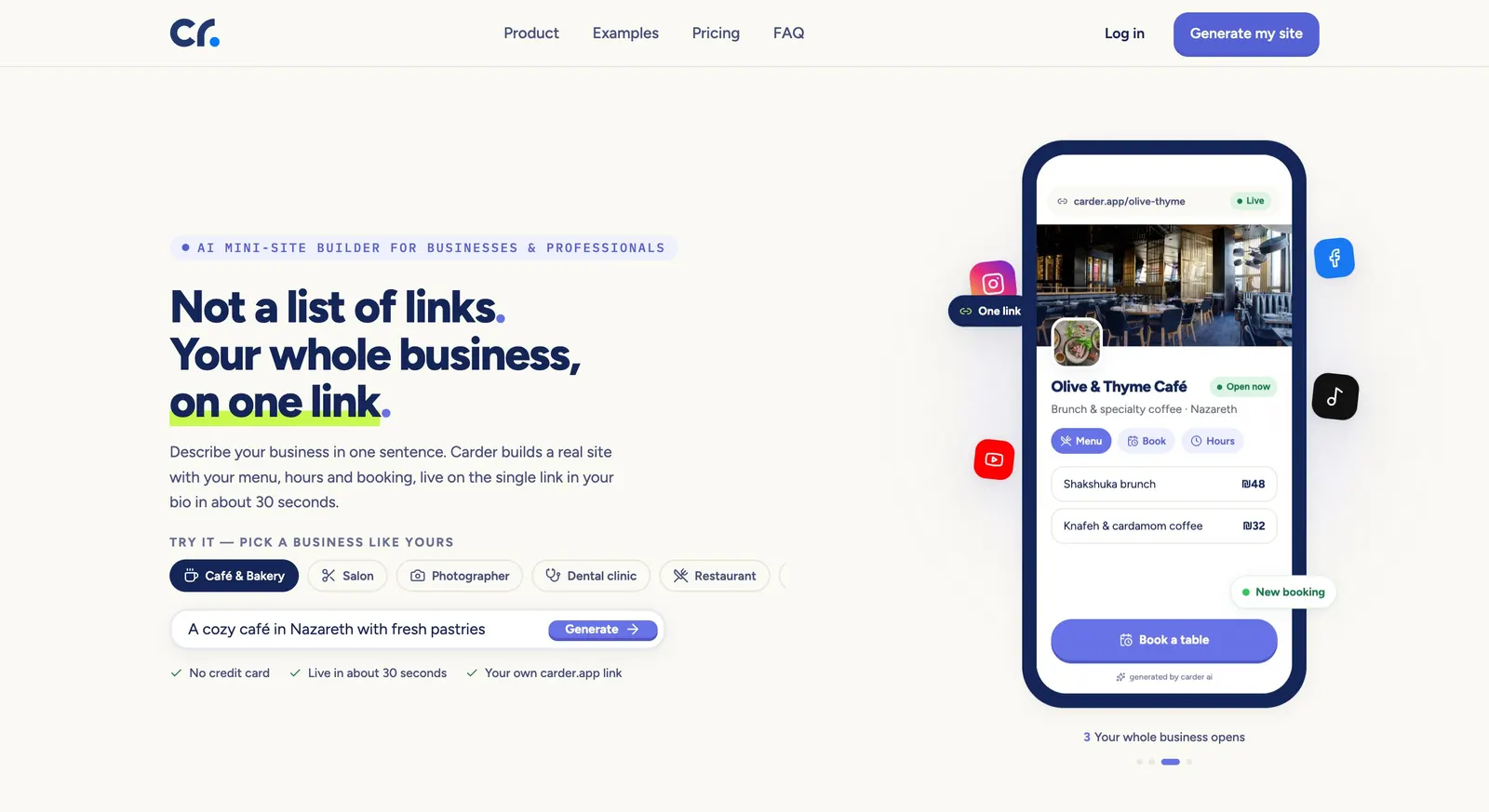 Carder homepage: Not a list of links. Your whole business, on one link.