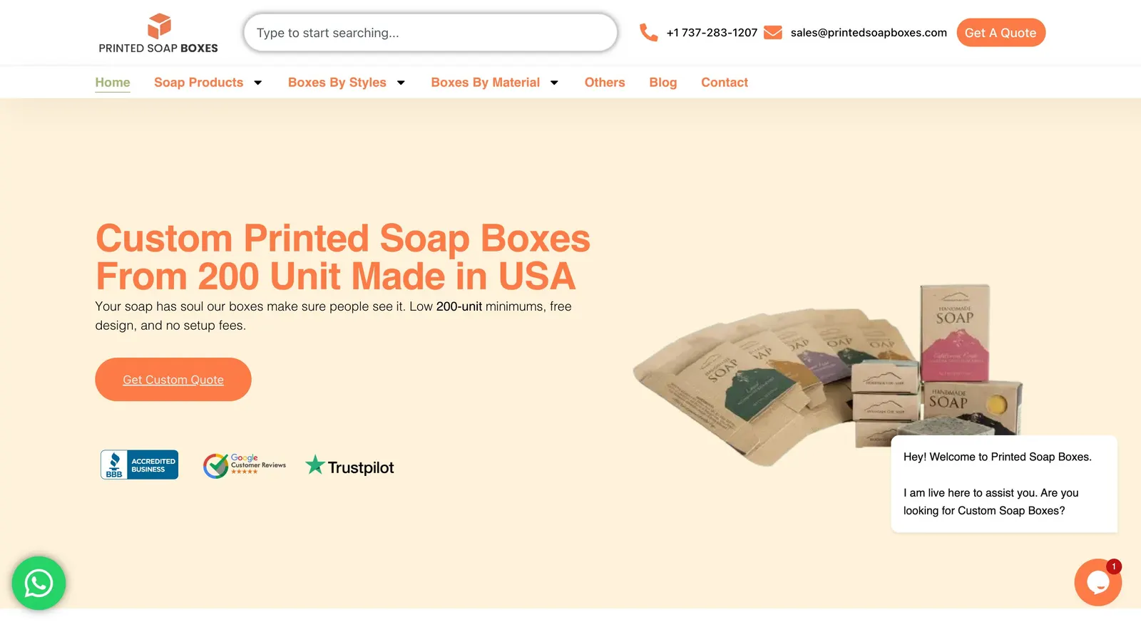 Printed Soap Boxes homepage with a quote button
