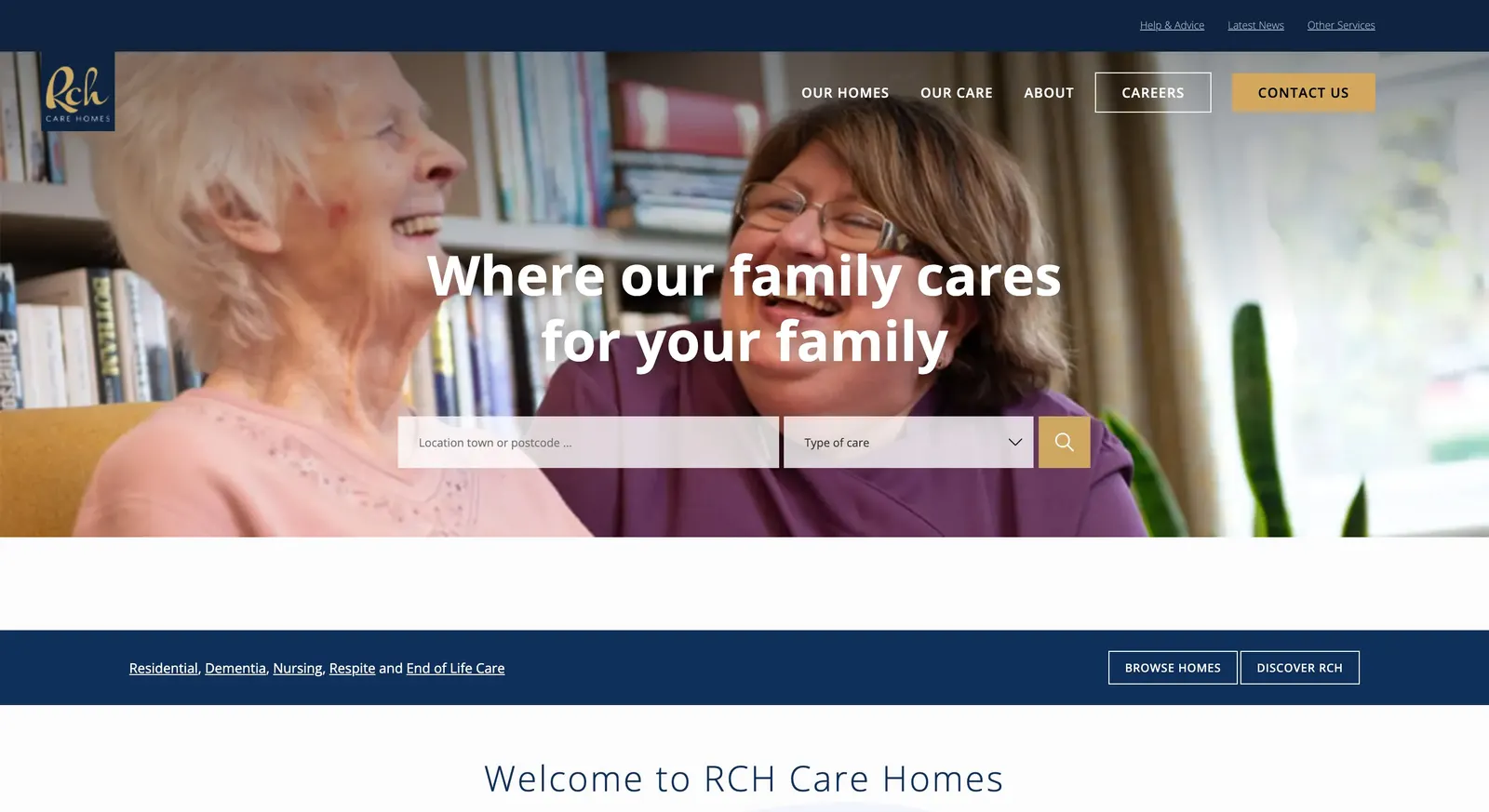 RCH Care Homes homepage with a search by town, postcode and type of care